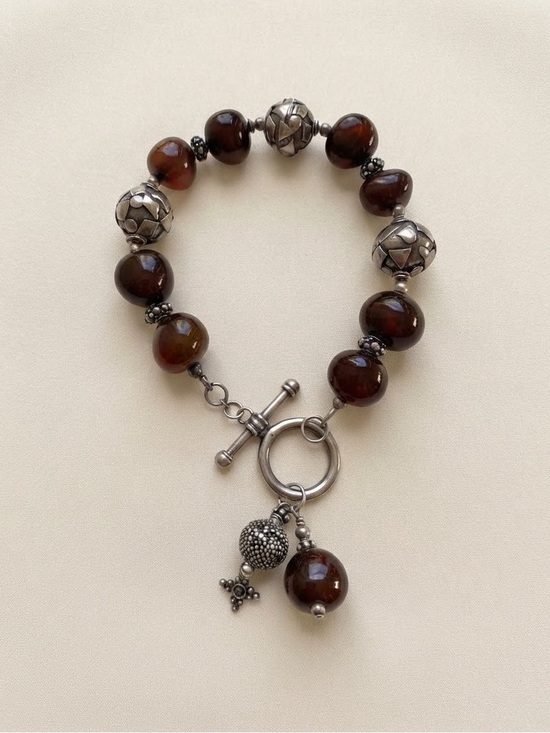 Jewelry - Artisan Brown Agate & Silver-Tone Toggle Statement Bracelet